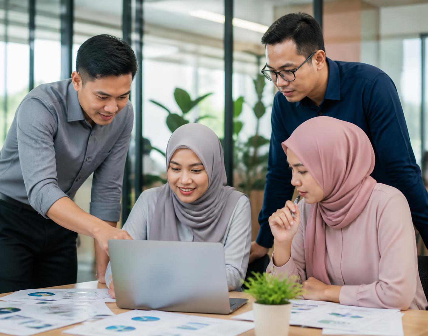 Regent Management Services colleagues reviewing reports together in a modern Malaysian office